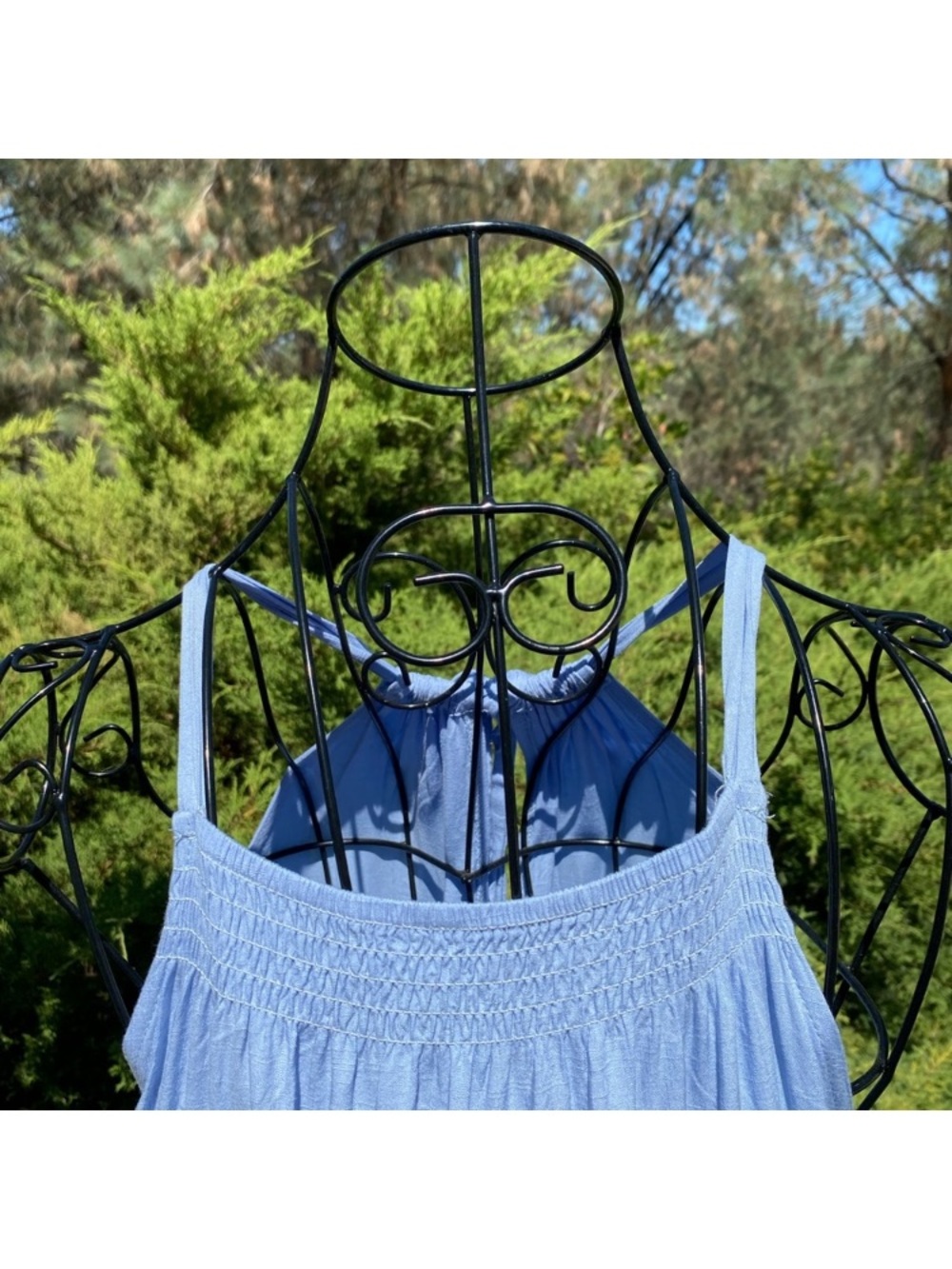 Sleeveless Light Blue Tiered Midi Dress with Tie Neck - Picture 9 of 11